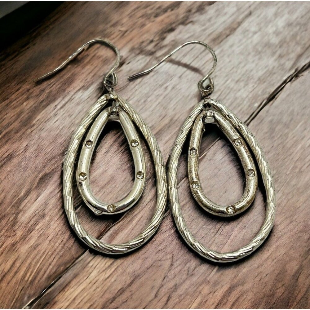 Double Teardrop Dangle Earrings Dangle Silver Tone Vintage Drop Rhinestones